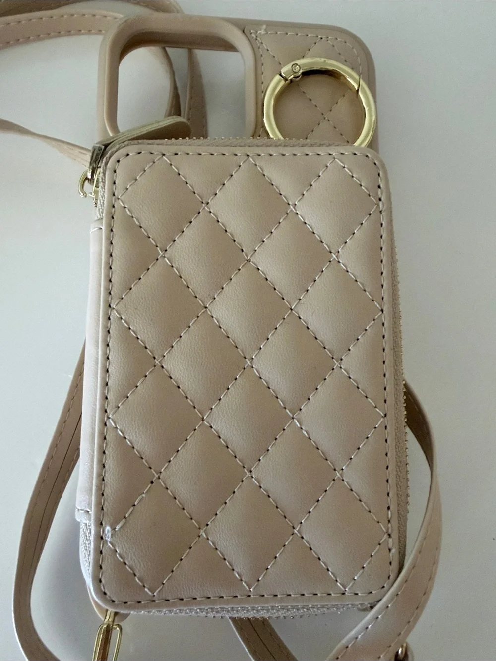 Quilted Crossbody Phone Bag in Beige with Gold Hardware iPhone 12